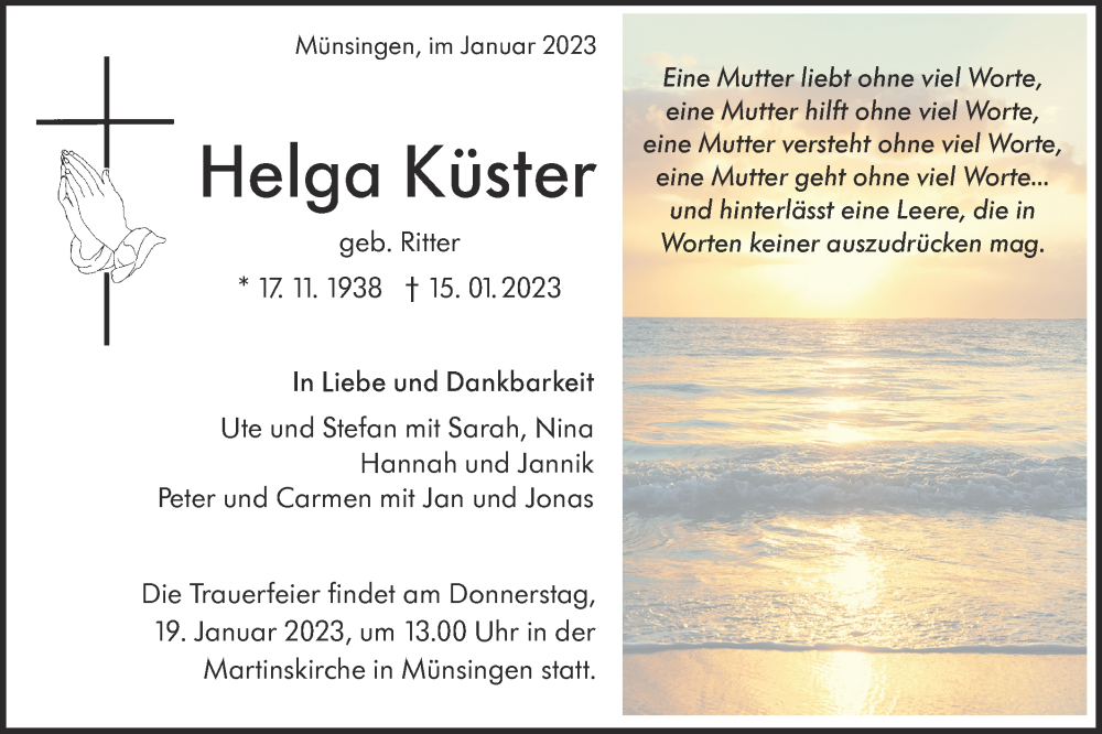 Traueranzeige für Helga Küster vom 18.01.2023 aus Alb-Bote/Metzinger-Uracher Volksblatt
