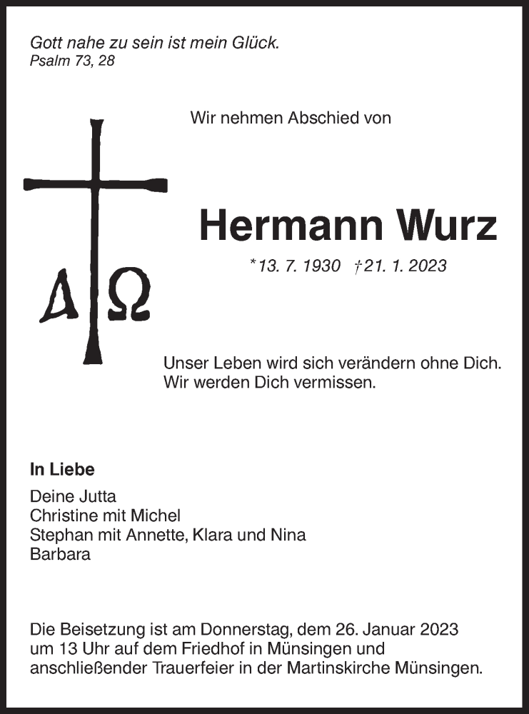  Traueranzeige für Hermann Wurz vom 25.01.2023 aus Alb-Bote/Metzinger-Uracher Volksblatt