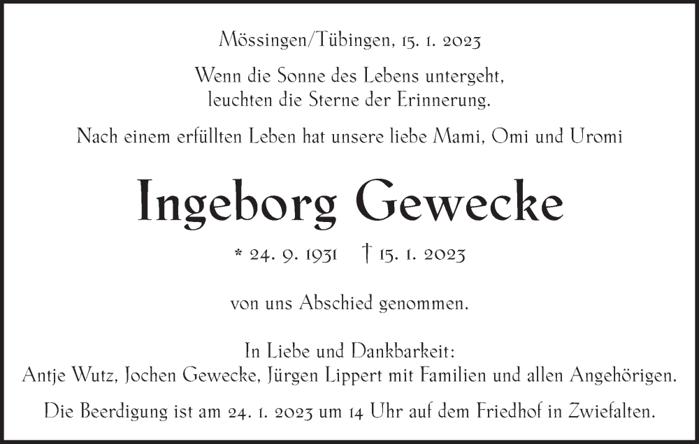  Traueranzeige für Ingeborg Gewecke vom 20.01.2023 aus Alb-Bote/Metzinger-Uracher Volksblatt