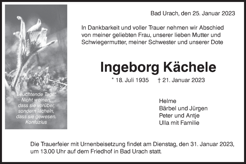  Traueranzeige für Ingeborg Kächele vom 25.01.2023 aus Metzinger-Uracher Volksblatt