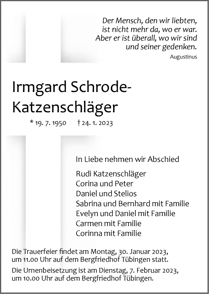  Traueranzeige für Irmgard Schrode-Katzenschläger vom 27.01.2023 aus Alb-Bote/Metzinger-Uracher Volksblatt