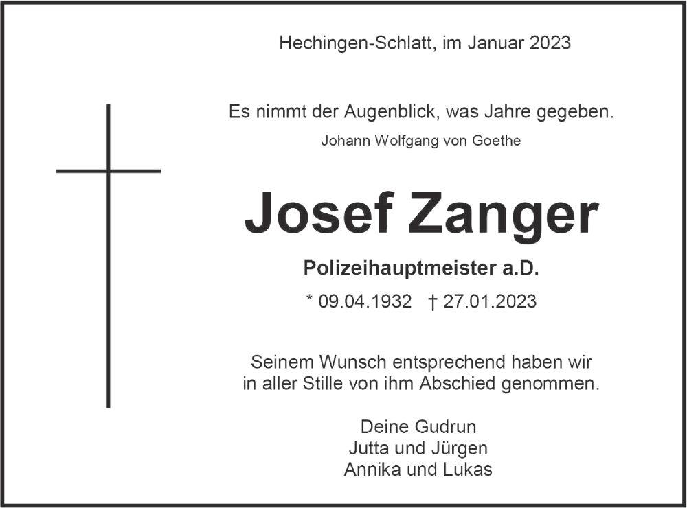  Traueranzeige für Josef Zanger vom 01.02.2023 aus Metzinger-Uracher Volksblatt