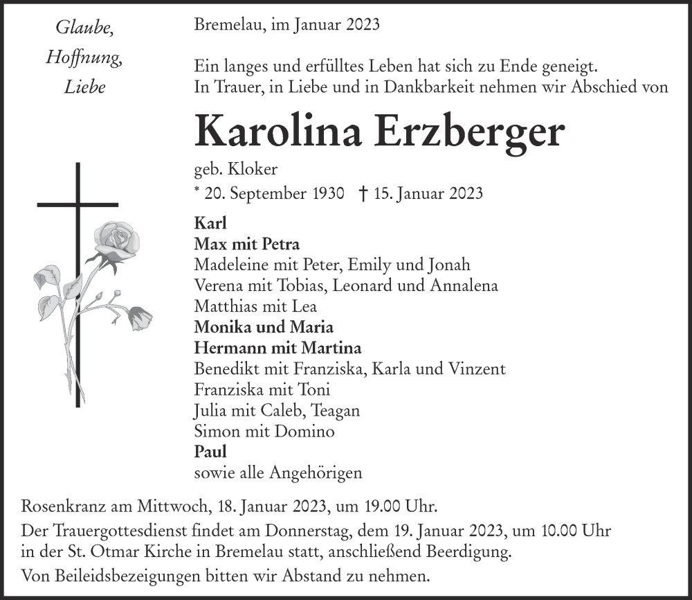  Traueranzeige für Karolina Erzberg vom 18.01.2023 aus Alb-Bote/Metzinger-Uracher Volksblatt