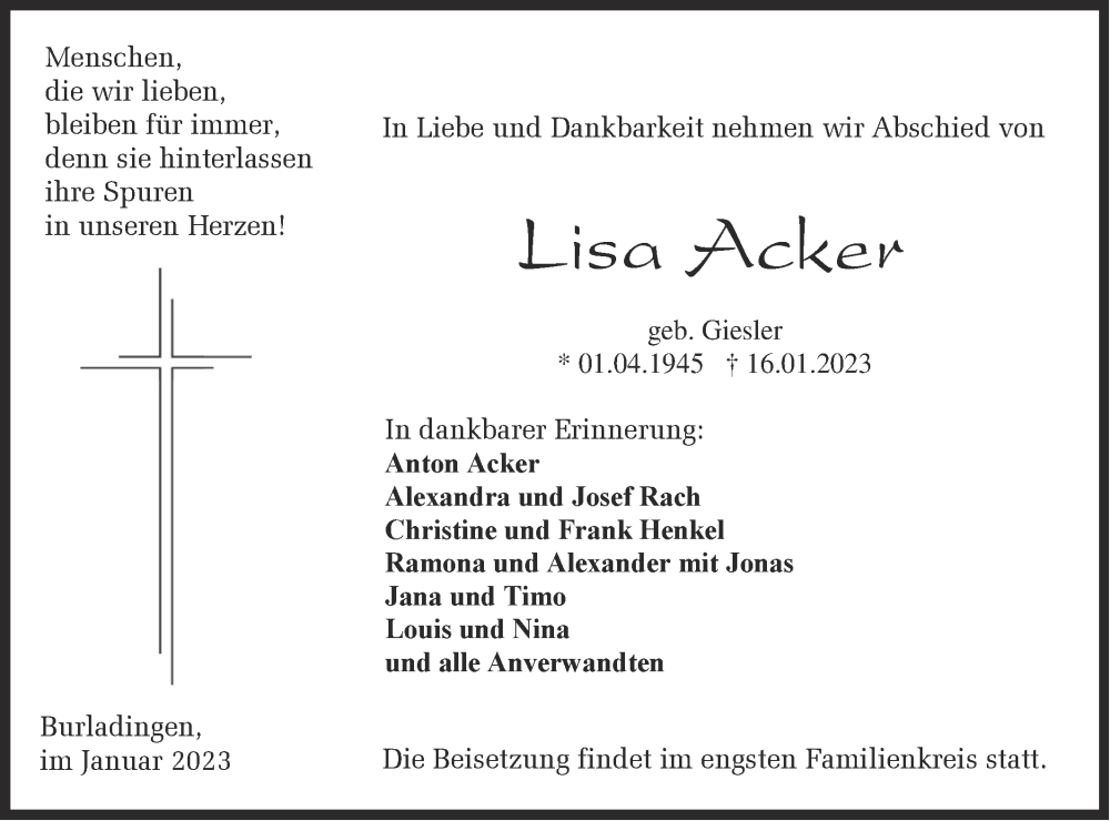  Traueranzeige für Lisa Acker vom 21.01.2023 aus Metzinger-Uracher Volksblatt