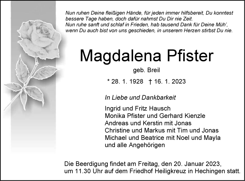  Traueranzeige für Magdalena Pfister vom 18.01.2023 aus Metzinger-Uracher Volksblatt