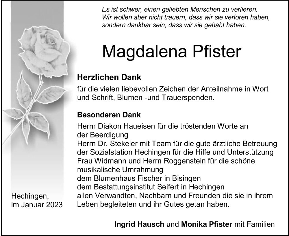  Traueranzeige für Magdalena Pfister vom 28.01.2023 aus Metzinger-Uracher Volksblatt