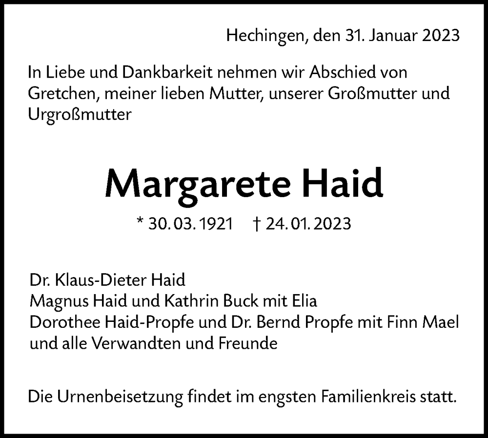  Traueranzeige für Margarete Haid vom 31.01.2023 aus Metzinger-Uracher Volksblatt