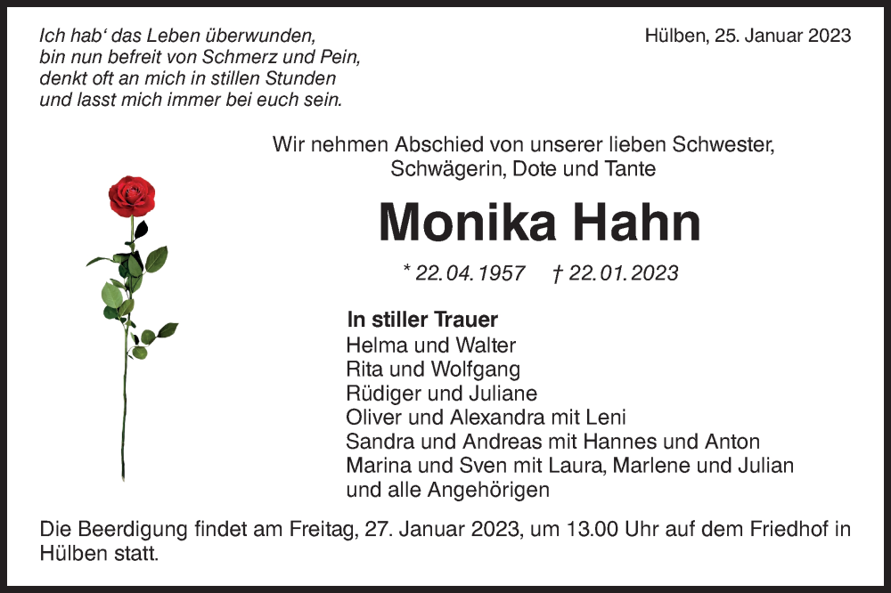  Traueranzeige für Monika Hahn vom 25.01.2023 aus Metzinger-Uracher Volksblatt