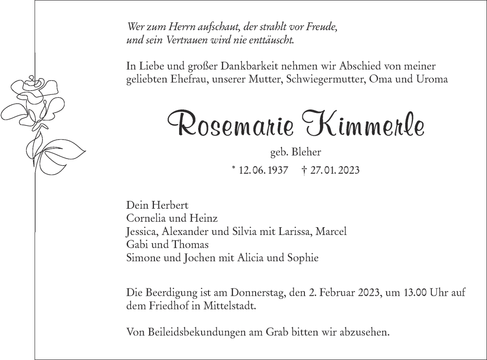  Traueranzeige für Rosemarie Kimmerle vom 31.01.2023 aus Metzinger-Uracher Volksblatt
