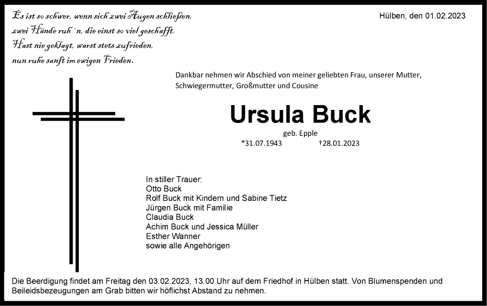  Traueranzeige für Ursula Buck vom 01.02.2023 aus Metzinger-Uracher Volksblatt