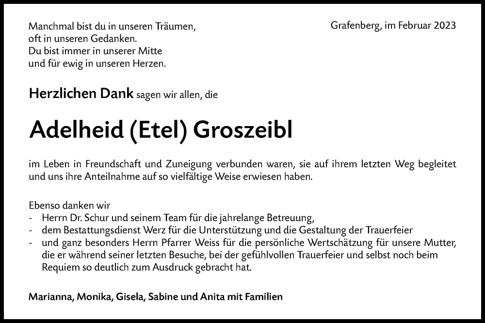  Traueranzeige für Adelheid Groszeibl vom 02.02.2023 aus Metzinger-Uracher Volksblatt