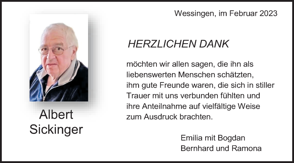  Traueranzeige für Albert Sickinger vom 04.02.2023 aus Metzinger-Uracher Volksblatt