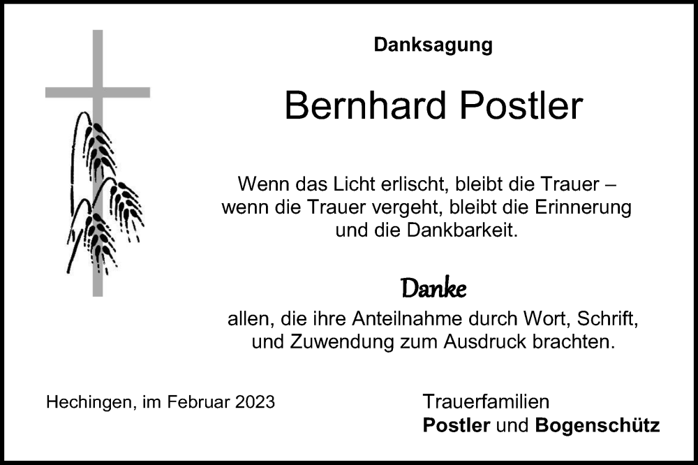  Traueranzeige für Bernhard Postler vom 18.02.2023 aus Metzinger-Uracher Volksblatt