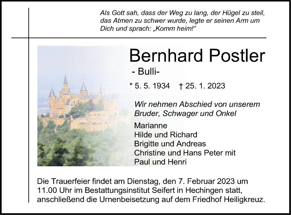  Traueranzeige für Bernhard Postler vom 04.02.2023 aus Metzinger-Uracher Volksblatt