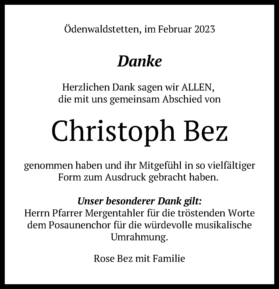  Traueranzeige für Christoph Bez vom 08.02.2023 aus Alb-Bote/Metzinger-Uracher Volksblatt