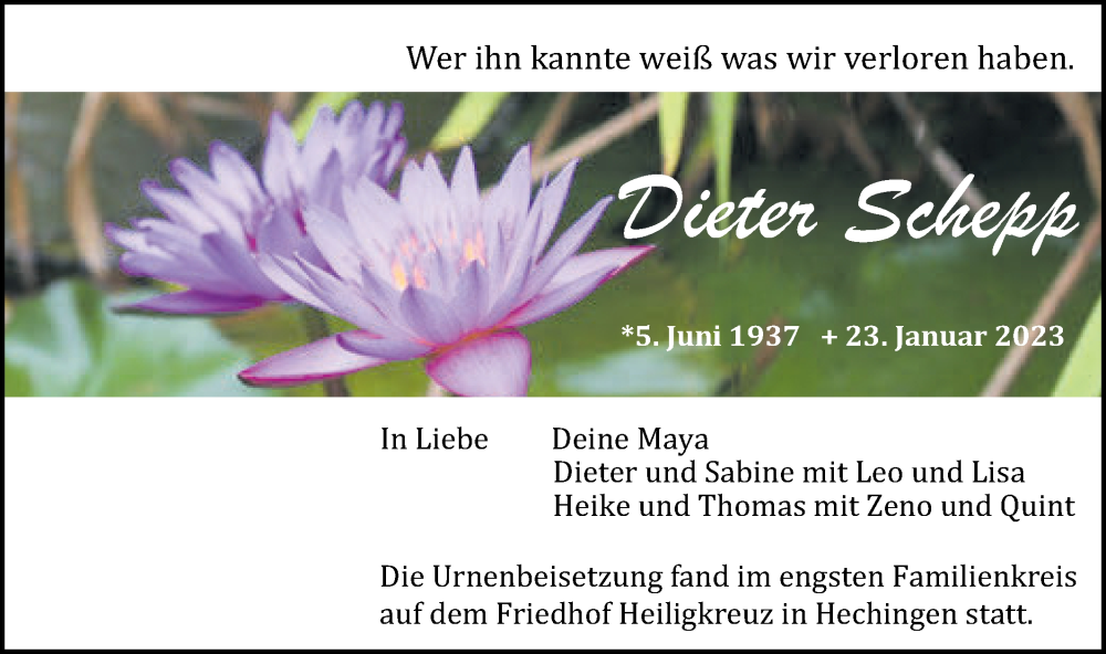  Traueranzeige für Dieter Schepp vom 04.02.2023 aus Metzinger-Uracher Volksblatt