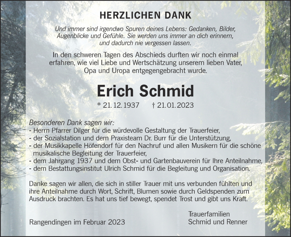  Traueranzeige für Erich Schmid vom 18.02.2023 aus Metzinger-Uracher Volksblatt