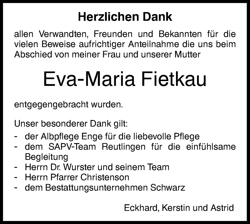  Traueranzeige für Eva-Maria Fietkau vom 25.02.2023 aus Metzinger-Uracher Volksblatt