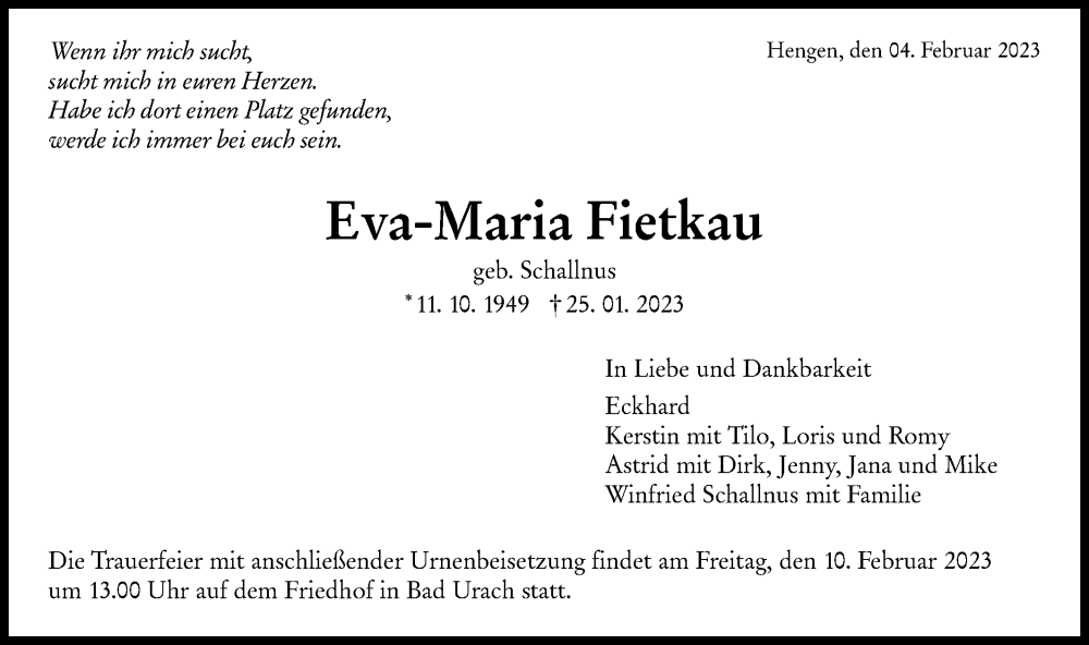  Traueranzeige für Eva-Maria Fietkau vom 04.02.2023 aus Metzinger-Uracher Volksblatt