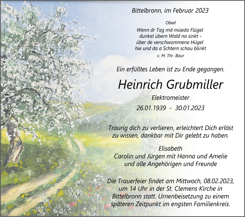  Traueranzeige für Heinrich Grubmiller vom 04.02.2023 aus Metzinger-Uracher Volksblatt