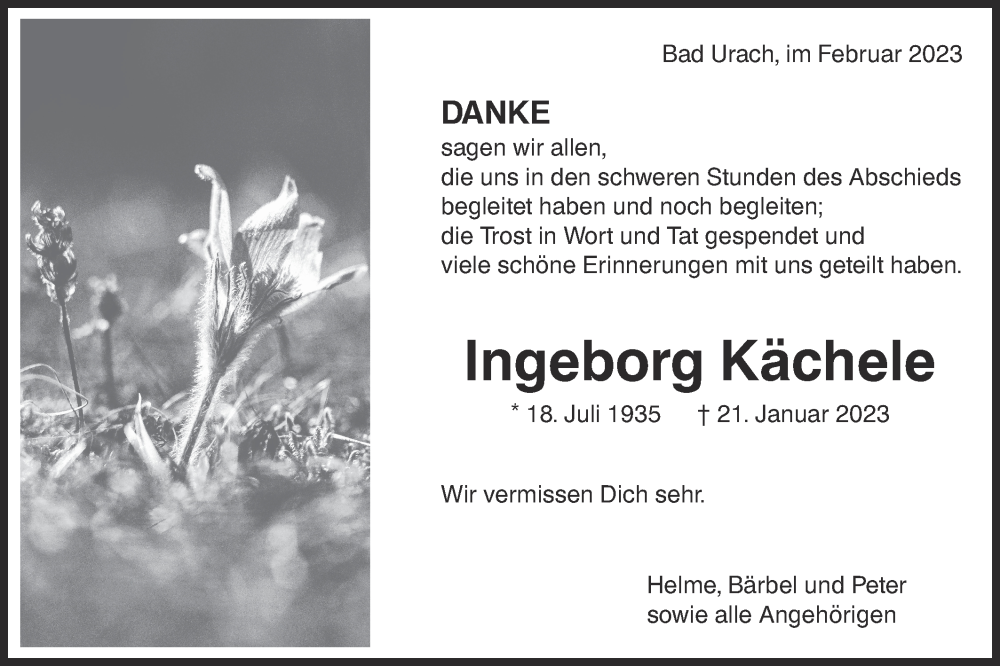  Traueranzeige für Ingeborg Kächele vom 09.02.2023 aus Metzinger-Uracher Volksblatt
