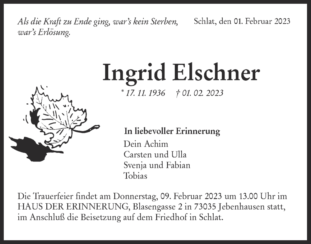  Traueranzeige für Ingrid Elschner vom 04.02.2023 aus NWZ Neue Württembergische Zeitung