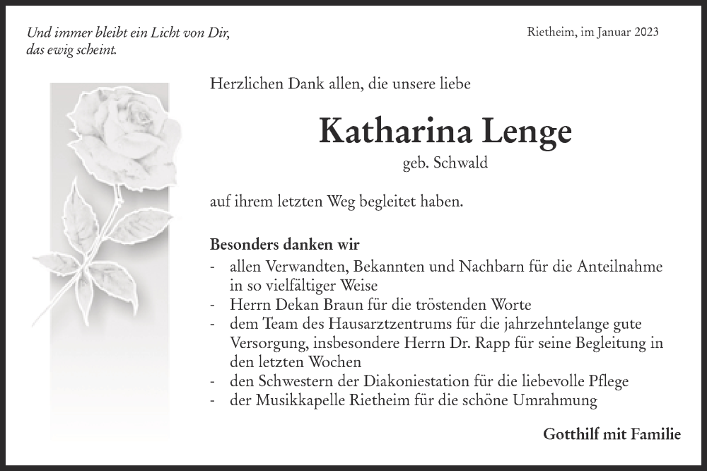  Traueranzeige für Katharina Lenge vom 11.02.2023 aus Alb-Bote/Metzinger-Uracher Volksblatt