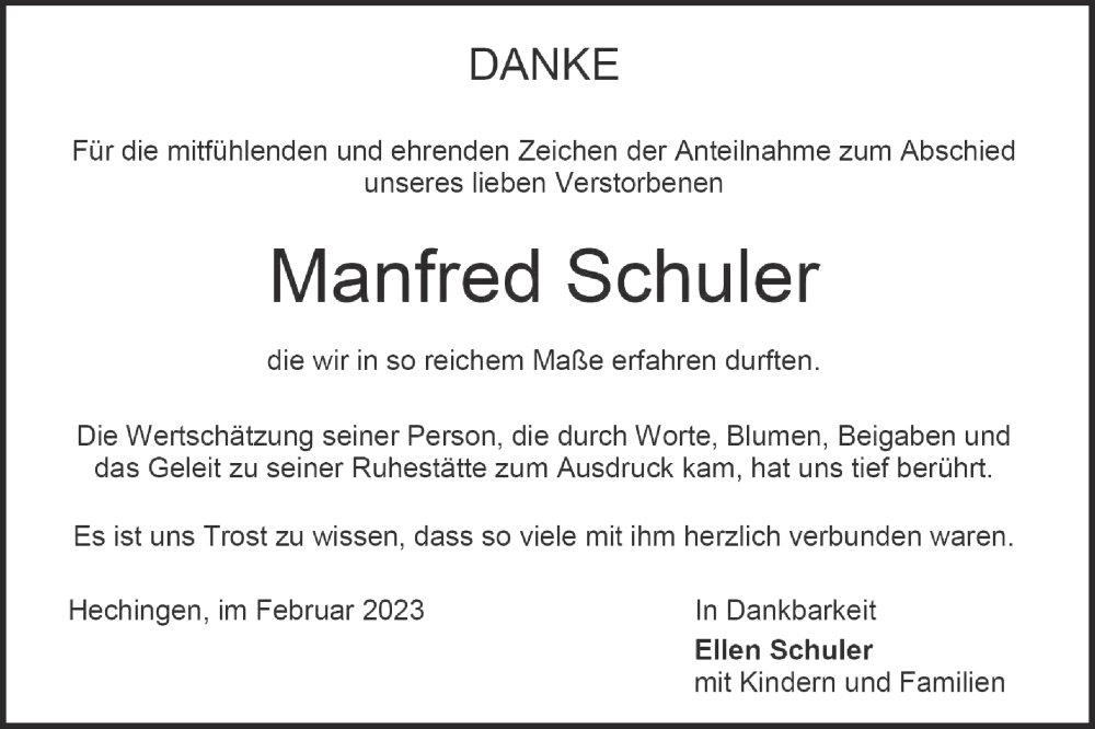  Traueranzeige für Manfred Schuler vom 11.02.2023 aus Metzinger-Uracher Volksblatt