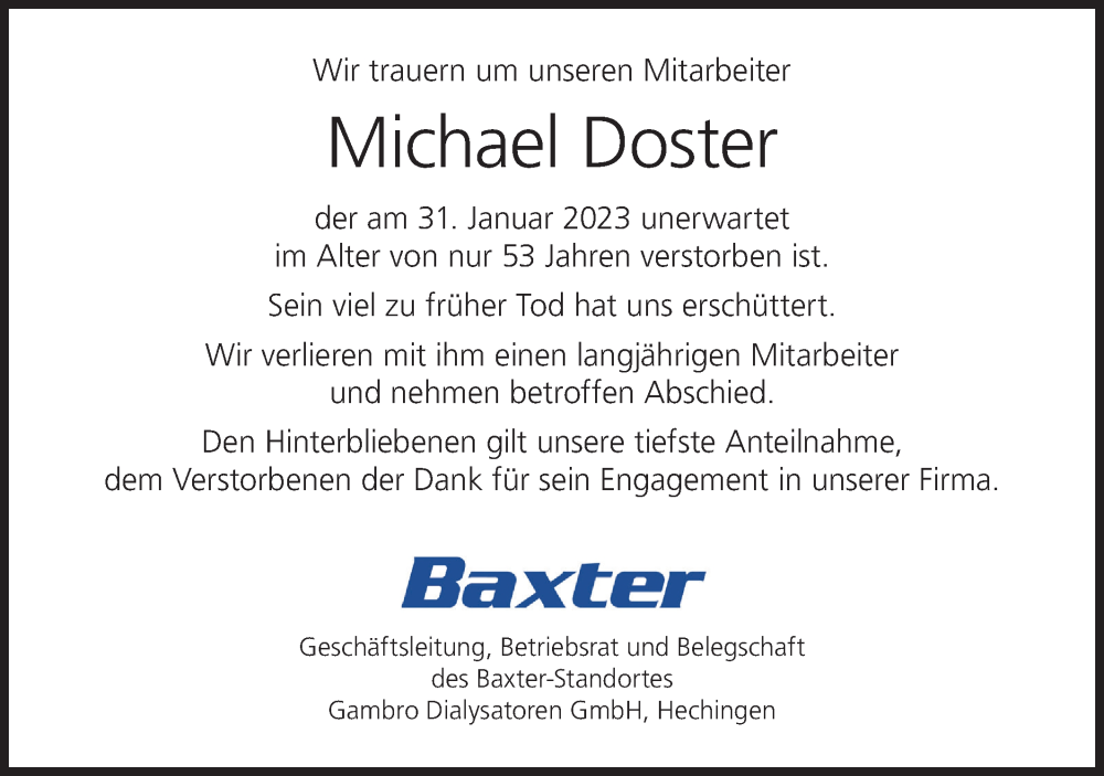  Traueranzeige für Michael Doster vom 03.02.2023 aus Metzinger-Uracher Volksblatt