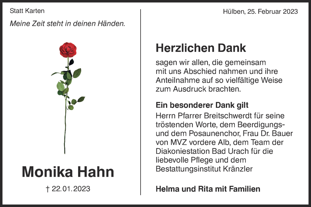  Traueranzeige für Monika Hahn vom 25.02.2023 aus Metzinger-Uracher Volksblatt