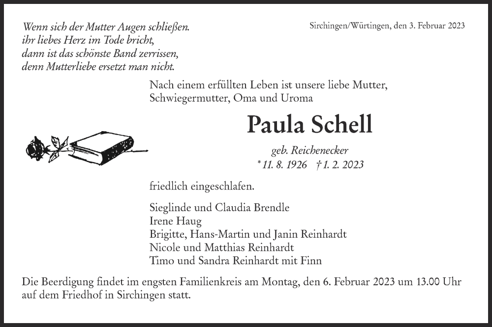  Traueranzeige für Paula Schell vom 03.02.2023 aus Metzinger-Uracher Volksblatt