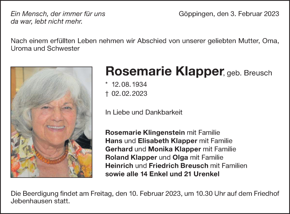  Traueranzeige für Rosemarie Klapper vom 04.02.2023 aus NWZ Neue Württembergische Zeitung