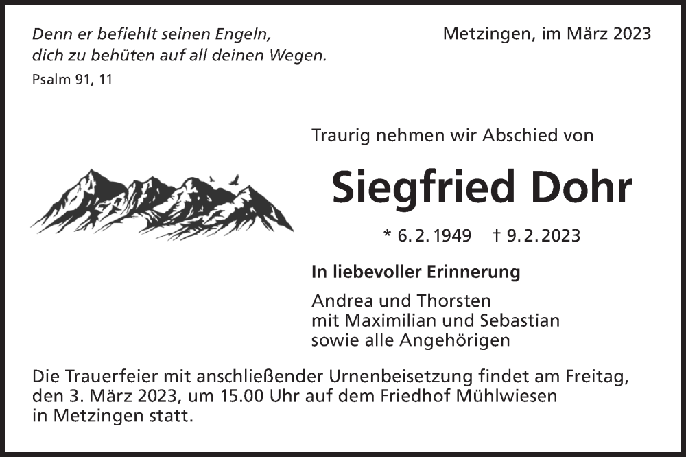  Traueranzeige für Siegfried Dohr vom 01.03.2023 aus Metzinger-Uracher Volksblatt