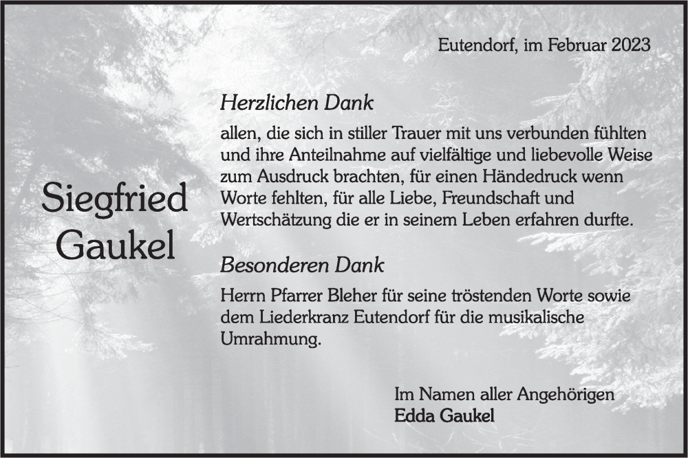  Traueranzeige für Siegfried Gaukel vom 01.03.2023 aus Rundschau Gaildorf