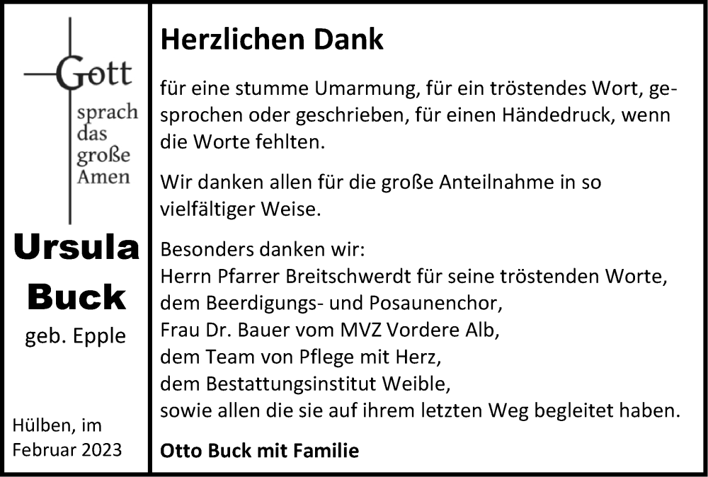  Traueranzeige für Ursula Buck vom 16.02.2023 aus Metzinger-Uracher Volksblatt