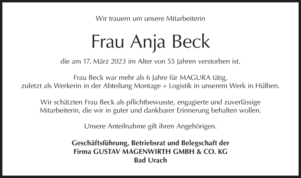  Traueranzeige für Anja Beck vom 23.03.2023 aus Metzinger-Uracher Volksblatt