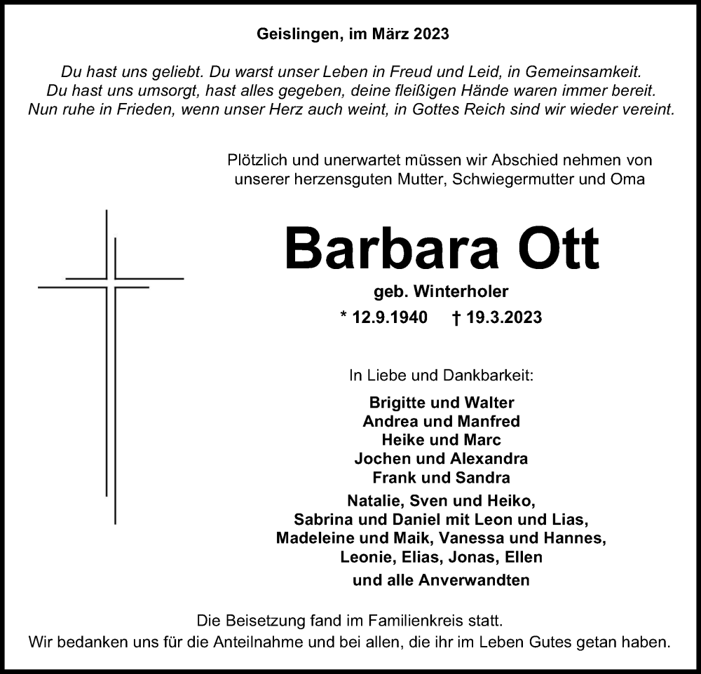  Traueranzeige für Barbara Ott vom 25.03.2023 aus Metzinger-Uracher Volksblatt