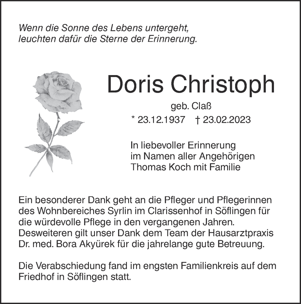  Traueranzeige für Doris Christoph vom 18.03.2023 aus SÜDWEST PRESSE Ausgabe Ulm/Neu-Ulm