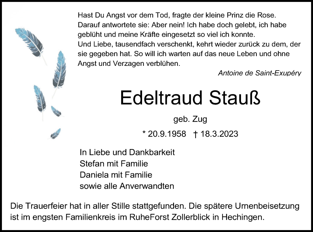  Traueranzeige für Edeltraud Stauß vom 25.03.2023 aus Metzinger-Uracher Volksblatt