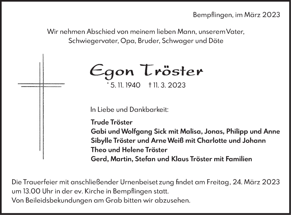  Traueranzeige für Egon Tröster vom 18.03.2023 aus Metzinger-Uracher Volksblatt