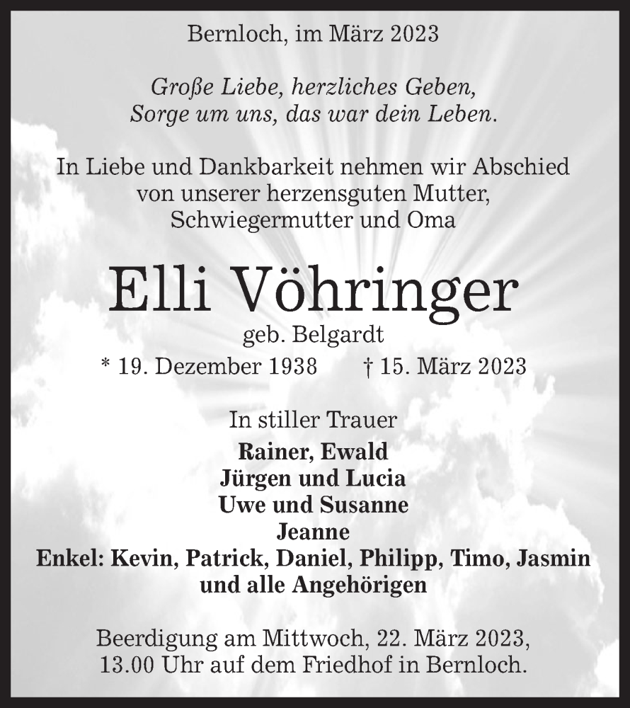  Traueranzeige für Elli Vöhringer vom 18.03.2023 aus Alb-Bote/Metzinger-Uracher Volksblatt