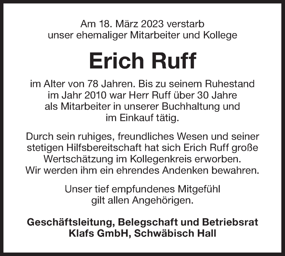  Traueranzeige für Erich Ruff vom 24.03.2023 aus Haller Tagblatt