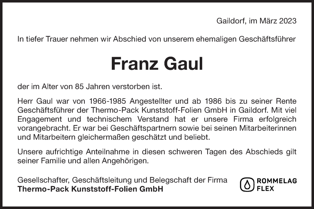  Traueranzeige für Franz Gaul vom 25.03.2023 aus Rundschau Gaildorf