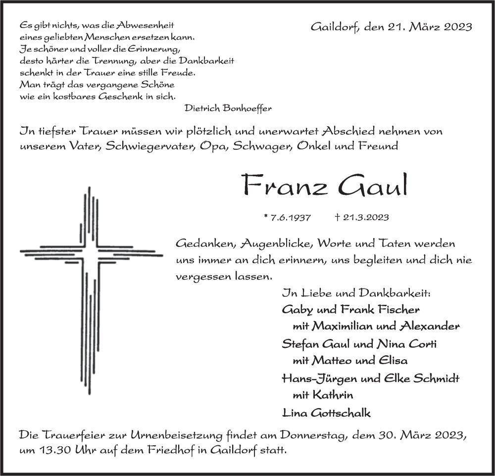 Traueranzeige für Franz Gaul vom 25.03.2023 aus Rundschau Gaildorf
