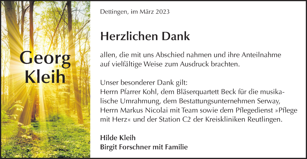  Traueranzeige für Georg Kleih vom 03.03.2023 aus Metzinger-Uracher Volksblatt