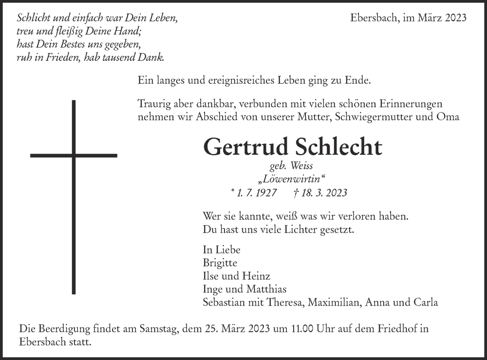  Traueranzeige für Gertrud Schlecht vom 22.03.2023 aus NWZ Neue Württembergische Zeitung