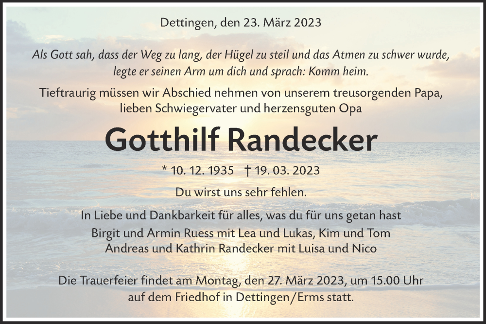  Traueranzeige für Gotthilf Randecker vom 23.03.2023 aus Metzinger-Uracher Volksblatt