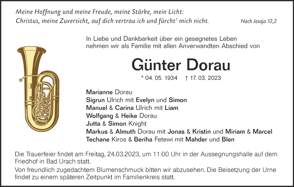  Traueranzeige für Günter Dorau vom 20.03.2023 aus Alb-Bote/Metzinger-Uracher Volksblatt
