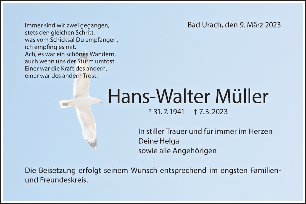  Traueranzeige für Hans-Walter Müller vom 09.03.2023 aus Metzinger-Uracher Volksblatt