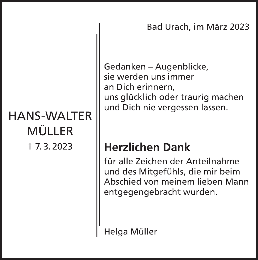  Traueranzeige für Hans-Walter Müller vom 23.03.2023 aus Metzinger-Uracher Volksblatt